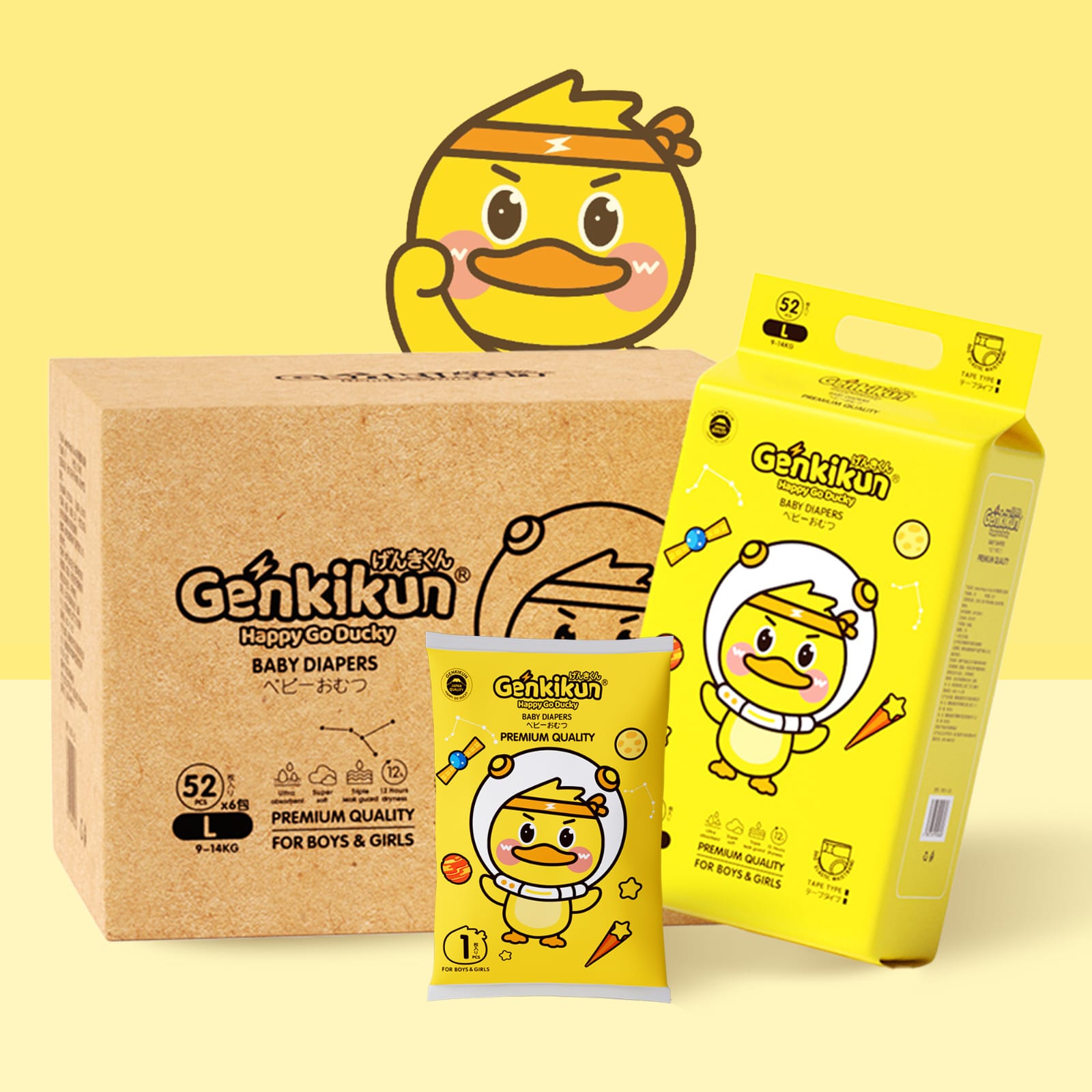 Genkikun Baby Diaper Pant System L Size (9-14Kg) 52 Pices, Slim & Comfortable Baby Diapers